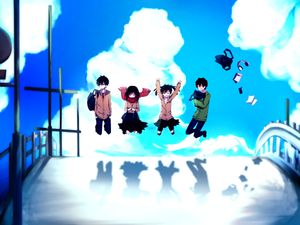Four Anime Friends Jumping Joyfully on a Serene Bridge - 可爱壁纸