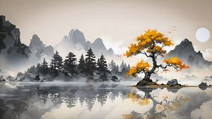 Autumn Reflections: Serene Lake with Golden Tree - 귀여운 배경화면