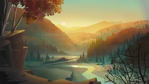Autumn Valley Serenity: A Tranquil River Scape at Sunset - かわいい壁紙