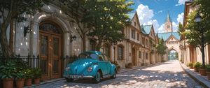 Azure Whispers: A Vintage Beetle’s Journey Through a Quaint European Lane - Niedliches Hintergrundbild
