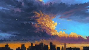 Celestial Contrasts: Storm-Soaked Skyline Over Urban Horizon - かわいい壁紙