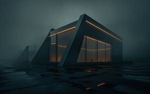 Futuristic Minimalist Architecture: Illuminated Foggy Retreat - Niedliches Hintergrundbild