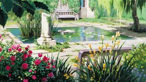 Enchanting Garden Retreat with Serene Pond and Bloomed Roses - Niedliches Hintergrundbild