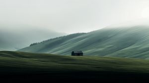 Mist-Embraced Serenity: The Solitary Shelter Beyond the Verdant Horizon - Cute Wallpaper