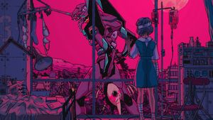 Neon Dreamscape: Girl Meets Mecha - Cute Wallpaper