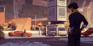 Neon Visions: Futuristic Cityscape with Sleek Red Car - Cute Wallpaper