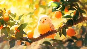 Ornamental Glow: Stylized Bird Amongst Oranges - Fondo de pantalla lindo