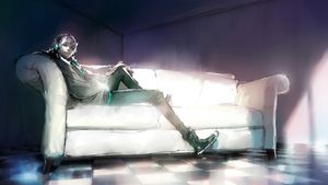 Starry Night Whispers: Futuristic Anime Boy on White Sofa - Cute Wallpaper