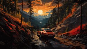 Rugged Journey: A Sports Car Amidst Autumn Peaks - خلفية لطيفة