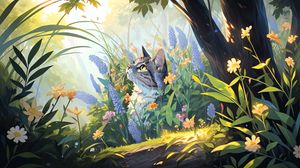 Whimsical Enchantment: A Cat in a Forest of Blooming Wonders - かわいい壁紙