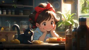 Whiskers and Whimsy: A Cozy Kitchen Moment - Cute Wallpaper