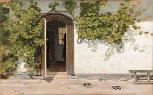 Whispers of Time: A Serene Garden Door Through an Aesthetic, Minimalist Door in a Verdant Garden - Niedliches Hintergrundbild
